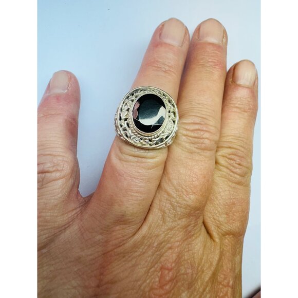 Estate Vintage Bali Sterling Silver 925 Black Onyx Ring Size 6 Statement 9.4g - Picture 7 of 10